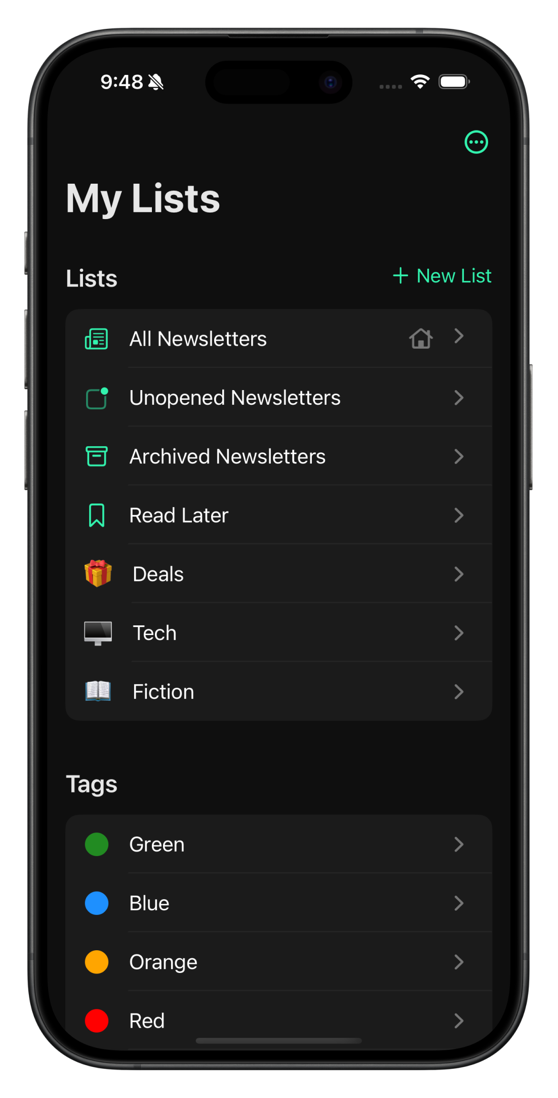 Screenshot of the Lists feature